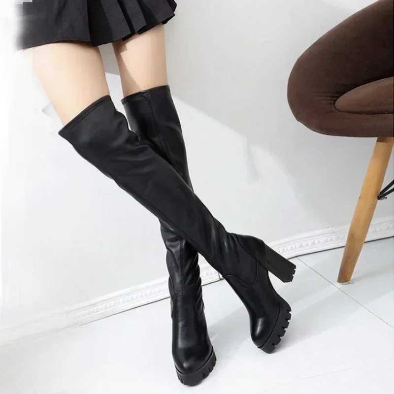 High Quality Mao Dou High Heel Platform Thick Boots Warm Womens Shoes Autumn Warm Leather Lg Boots on Knees T241206