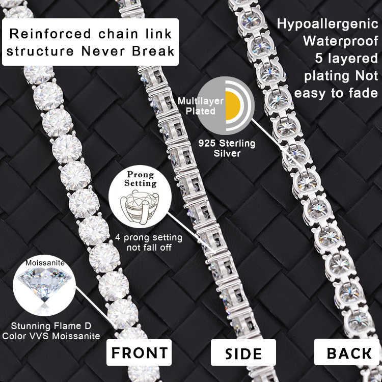 Hot Sale Tennis Chain/Bracelet 2mm-6.5mm Width 925 Sterling Silver Necklace D color Moissanite Tennis Link Chain Necklace