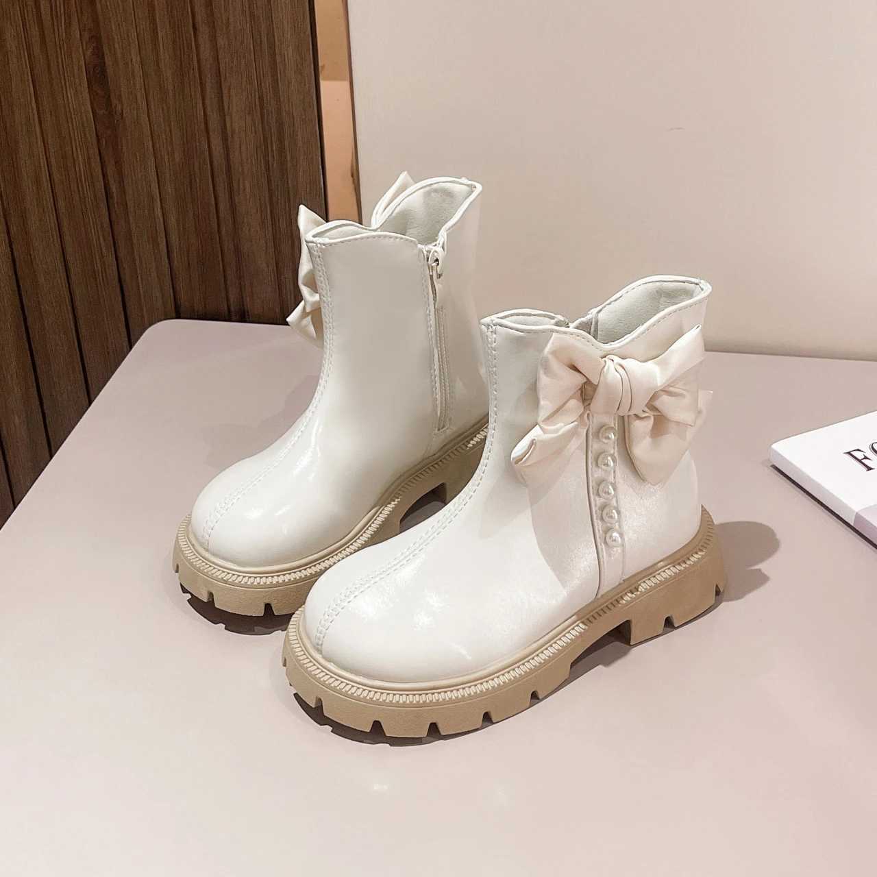 Girls Autumn Boots Pearl Bowknot Chunky Zipper Mid-calf Kids Short Boot Pu Leather Slish Sweet Black Beige Children BootXJ241206