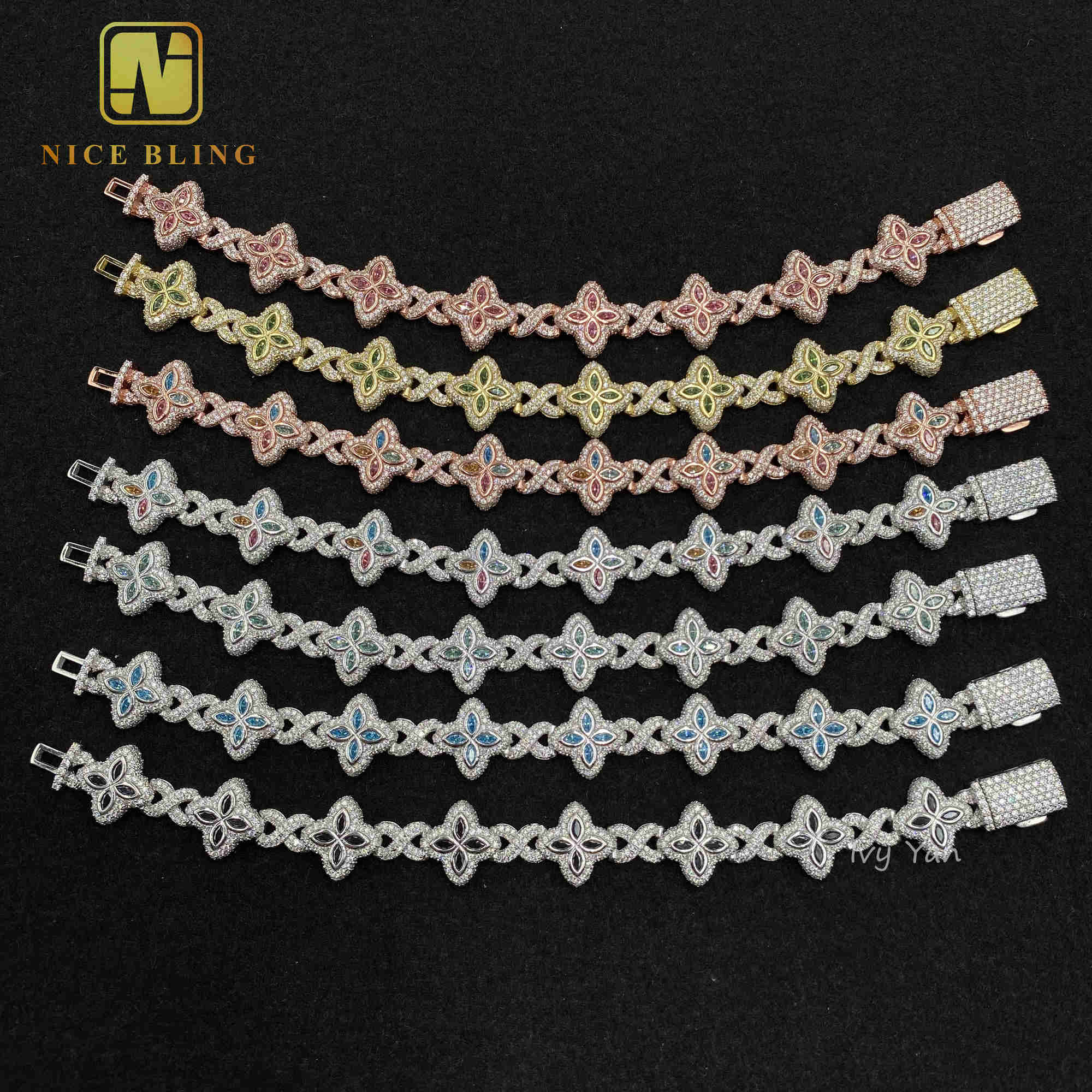 Luxury Colorful Marquise Flower Design 15mm Custom Iced Out Hip Hop Jewelry Cuban Link Chain 925 Silver VVS Moissanite Bracelet