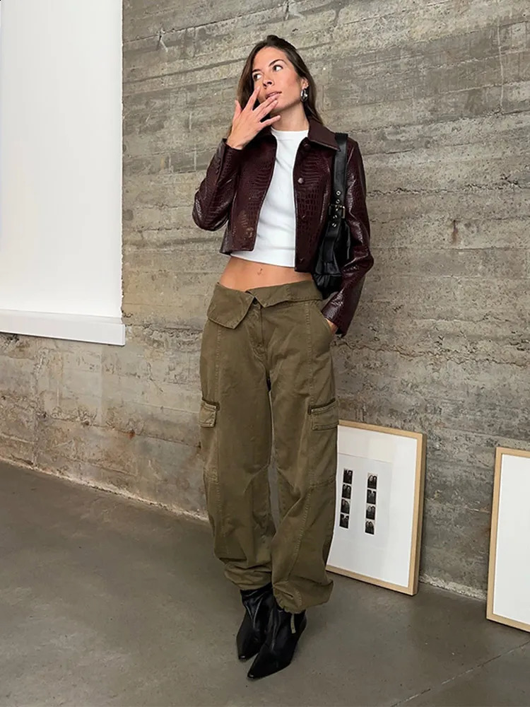 Chic Lapel Burgundy Single Breasted Litchi Leather Jacket Women Retro Solid Oversized Cropped Coat Lady Bomber Streetwear 241205