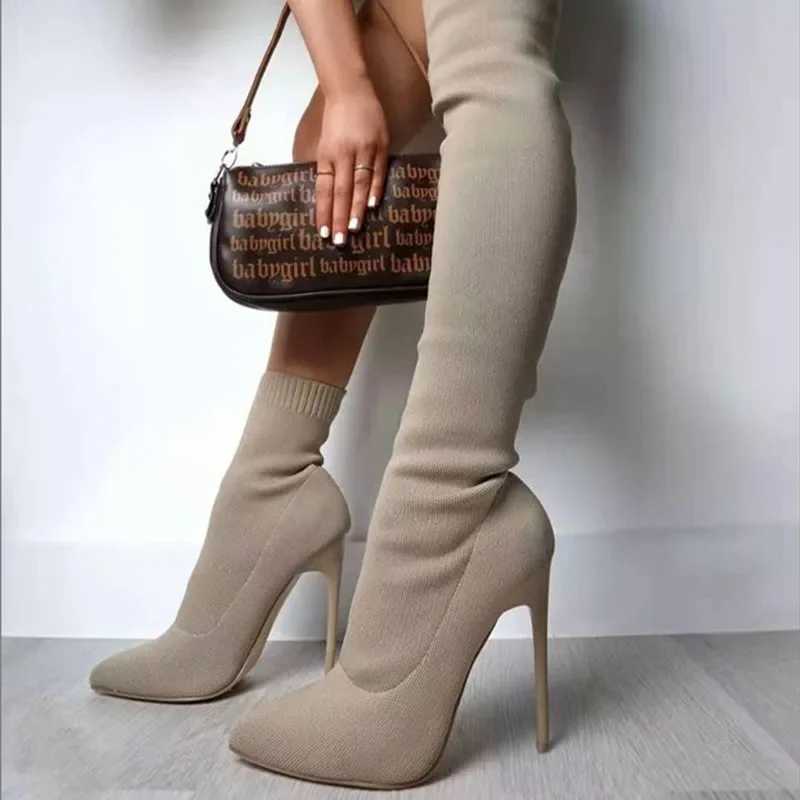 High Quality Wen Autumn Over The Knee Boots Stiletto High Heels Elastic Knitted Tube Shoes Beige Black Sexy Bota Fnina 20 T241206