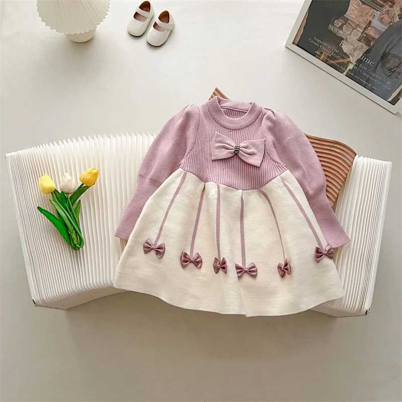 Girls Sweater Dress Childrens Autumn Winter Knitted Gown New Bow Sweet Princess Vestidos Kids Fashion Warm Cotton ClothingXJ241206