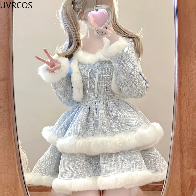 Elegant Korean style coarse woolen plain dress set for womens plush patch work short wool jacket sexy bow mini skiing Japanese fashion 241206