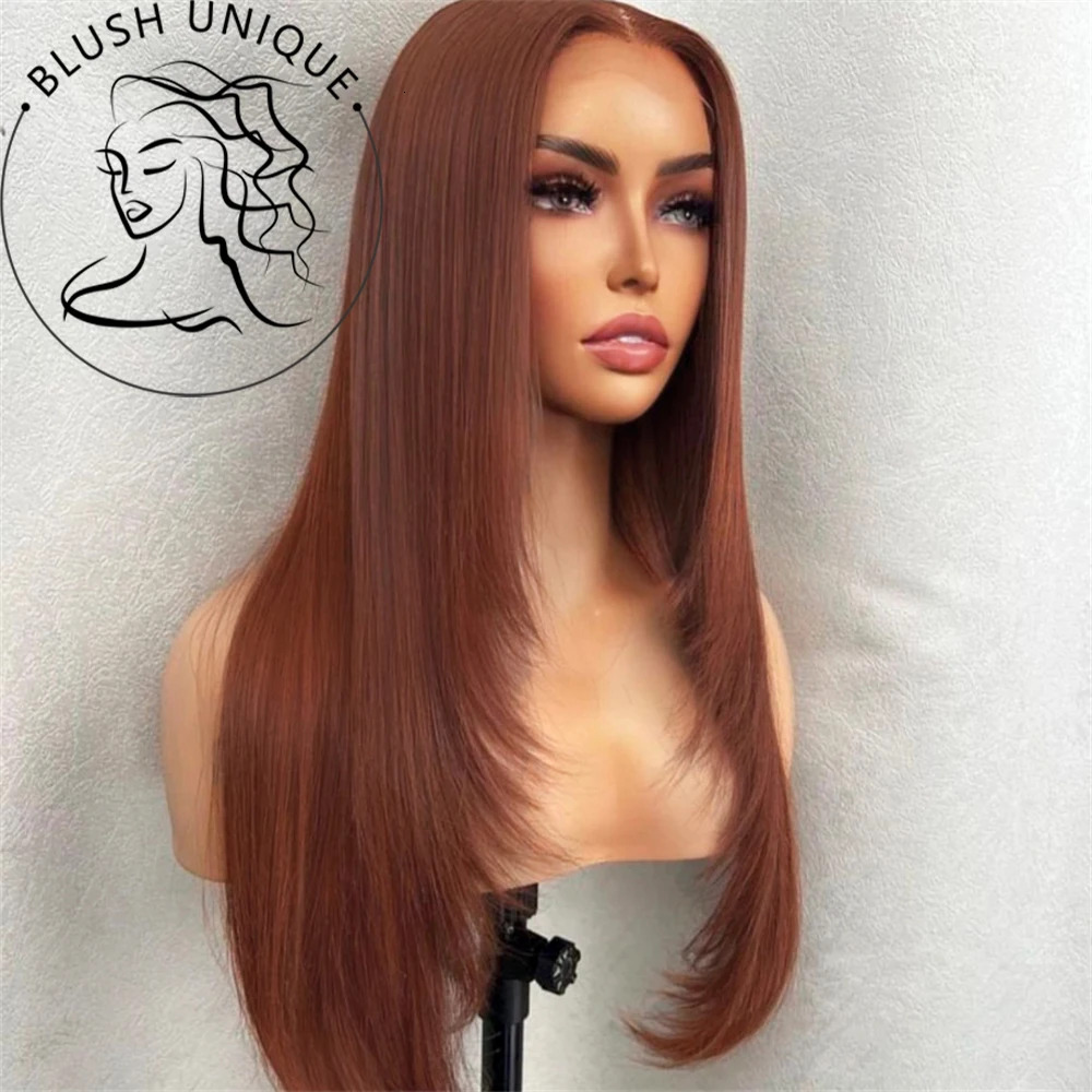 Reddish Brown Copper Red Synthetic Front Wigs For Black Women Layered Cut Glueless Straight Lace Wig