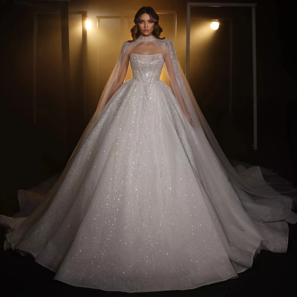 Sexy Strapless Backless Bridal Dress Sparkly Sequins Pearls Wedding Organza Ball Gown Bride Robe Vestido De Novia