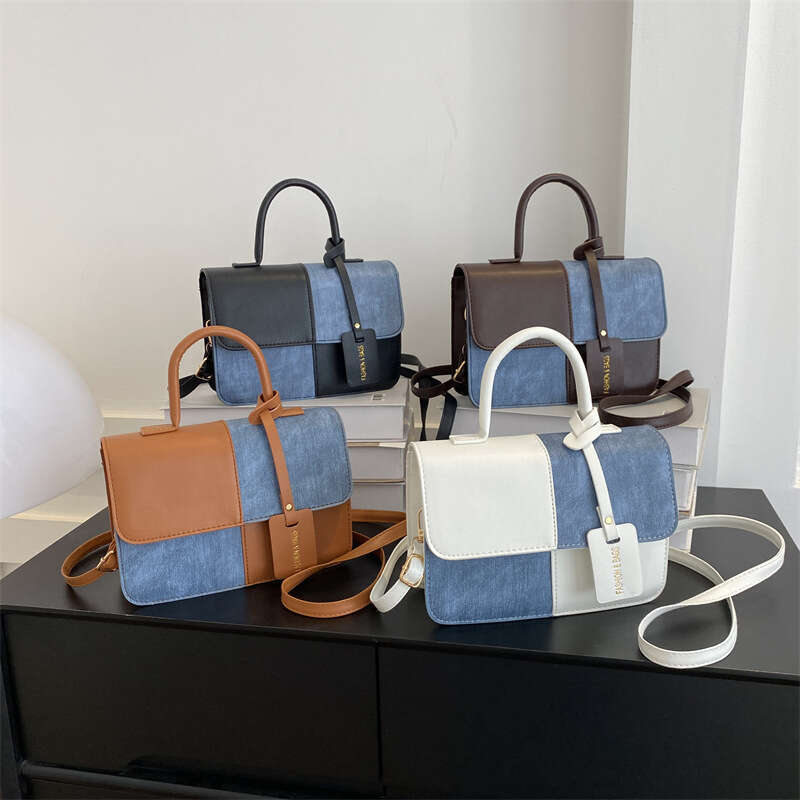 Fashionable Contrasting Color Simple Handbag Autumn New Style Trendy Casual Small Square Retro Single Shoulder Crossbody Bag Women's Fashionable 