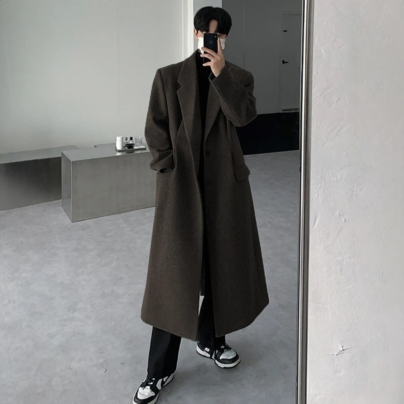 FEWQ Korean Fashion Mens Wool Coat Winter Thick Knee Length UK Trench Solid Color Mens Loose Top 24E5104 241204
