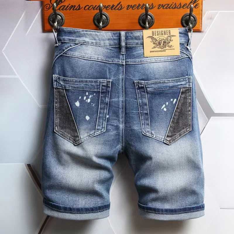 New Design Summer Men Denim Shorts Straight Stretch Casual Mid-waist Washed Cotton Fashion Vintage Spliced Male Jeans ShortsXJ241206