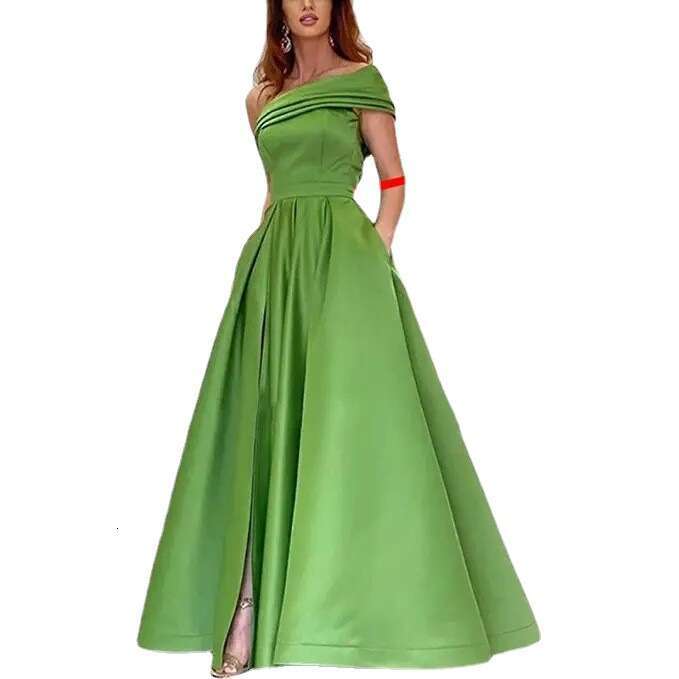 Single shoulder satin dress, evening gown, birthday party, fluffy skirt, green high slit sexy jumpsuit, 2024 versatile new trendy clothing ins