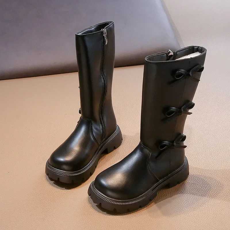Girls Mid-Calf Boots Solid Color Versatile Children Long Boots with Bows 2024 Autumn New Fashion Princess Boots with Side ZipperXJ241206