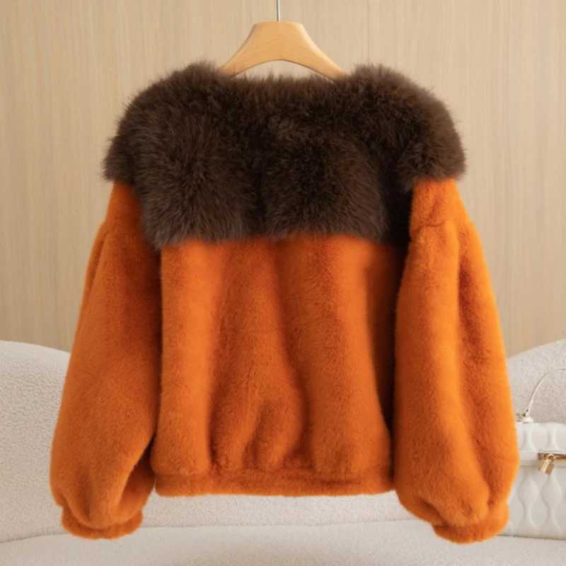 2024 Winter Luxury Gold Mink Velvet Fine Imitation Womens Short Coat Big Fur Collar Stylish and Lightweight Warm Coat TopXJ241206