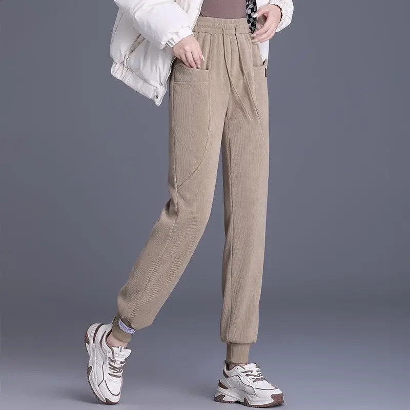 Autumn and winter womens pure thin high waisted elastic drawstring running pants with pockets for fashionable and casual commuters 241202