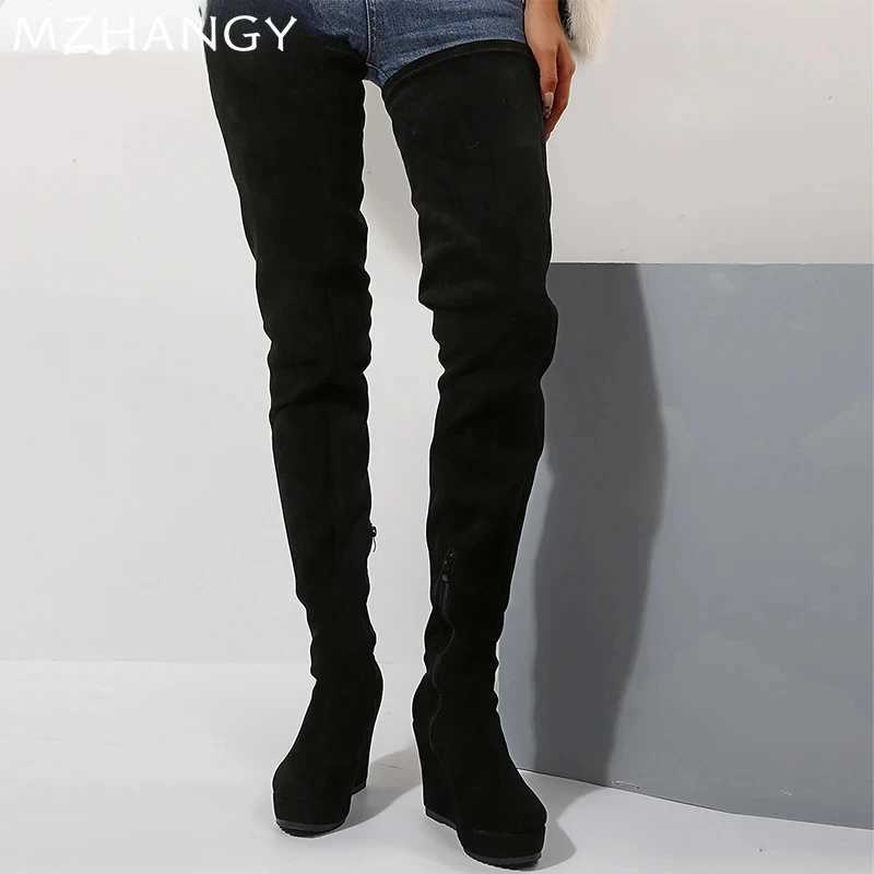 High Quality Leopard Wedges Wen High Boots Suede Platform Sexy Over The Knee Shoes Designer Zip Boots Winter New Edition MUJI Botas T241206