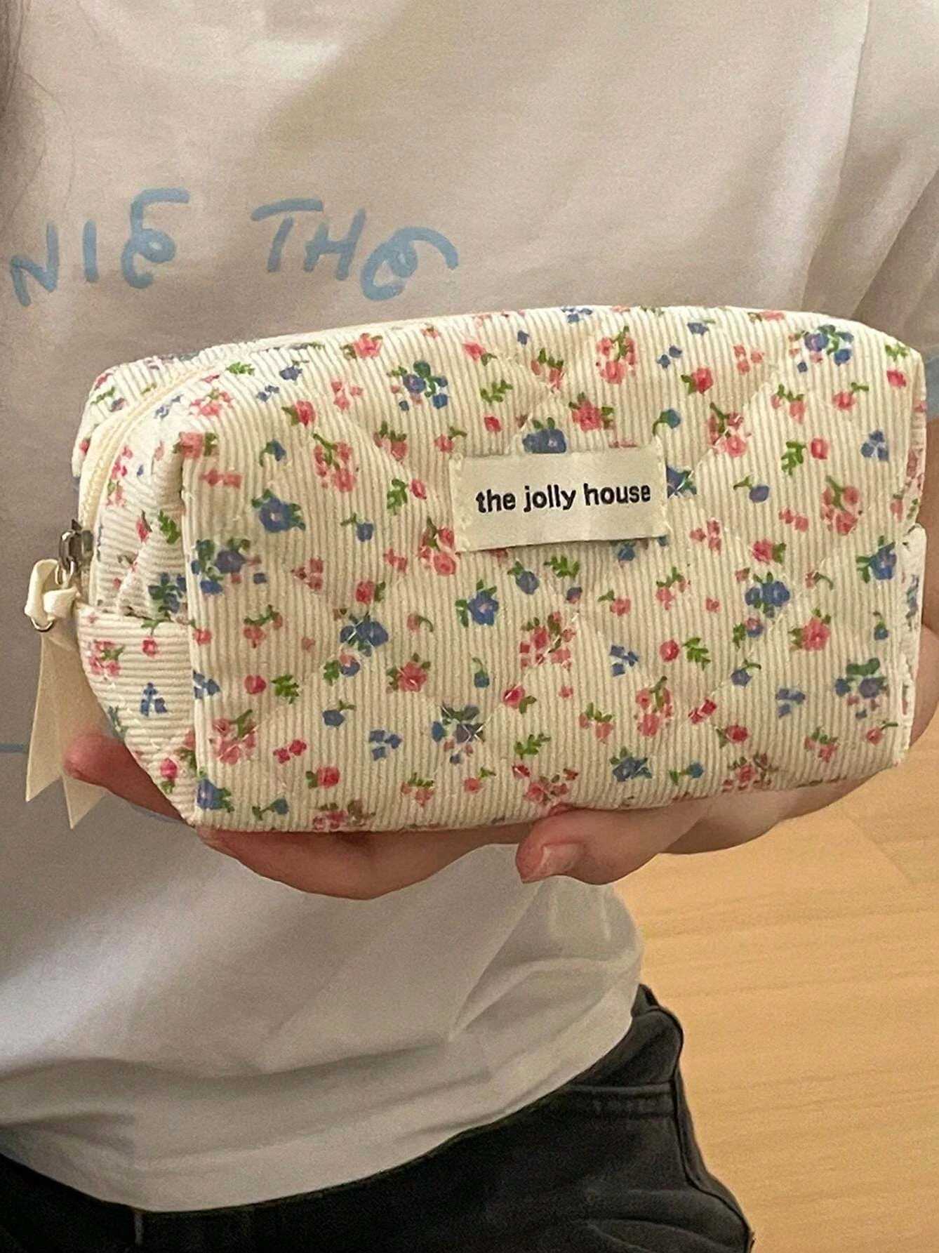 Lovely Floral Stihing Corduroy Cosmetic Bag For Storing Skin Care ltems Lipsticks Accessories Travel Necessity Birthday GiftXJ241206