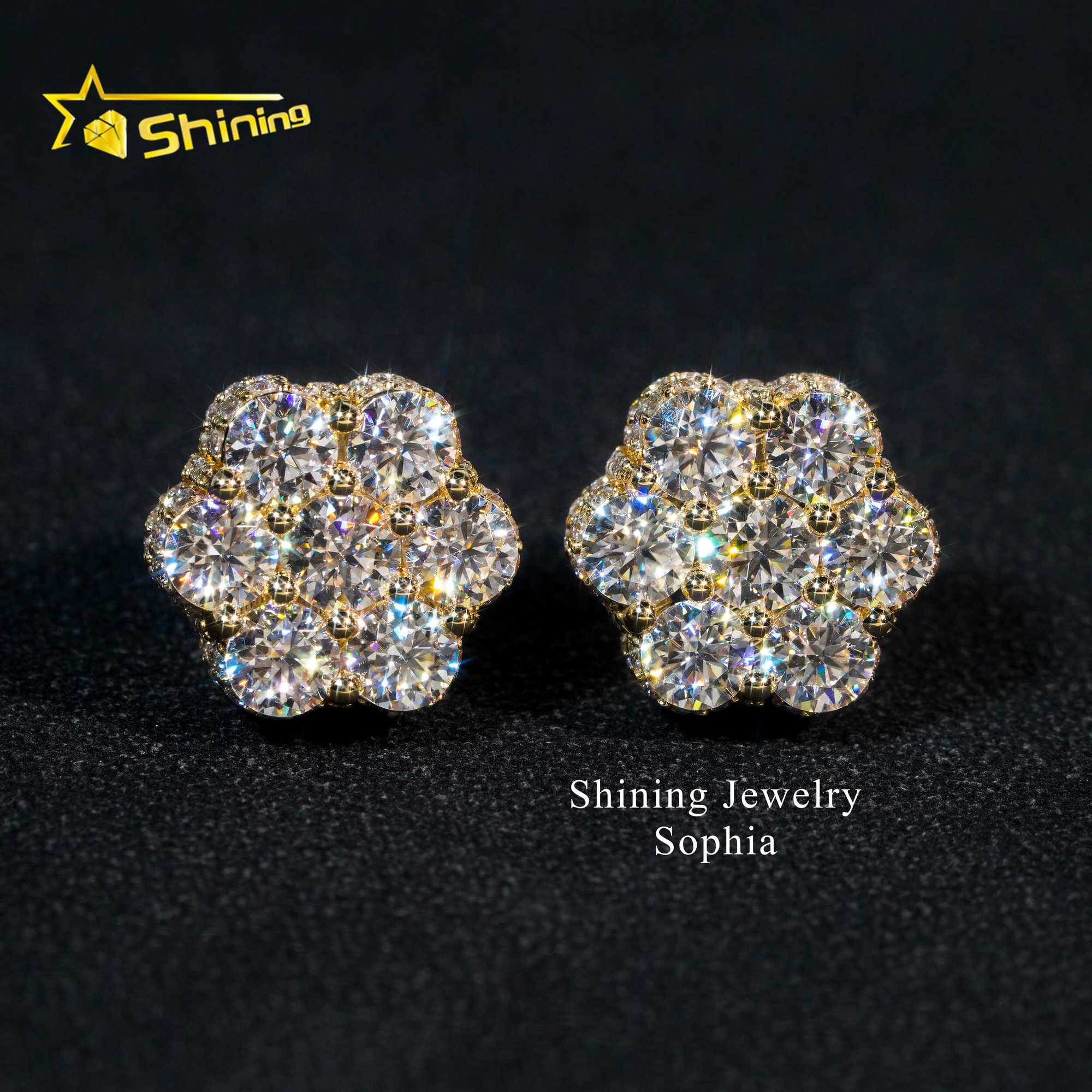 Top sell flower design 10K solid yellow gold iced out luxury vvs moissanite stud earrings hip hop earring