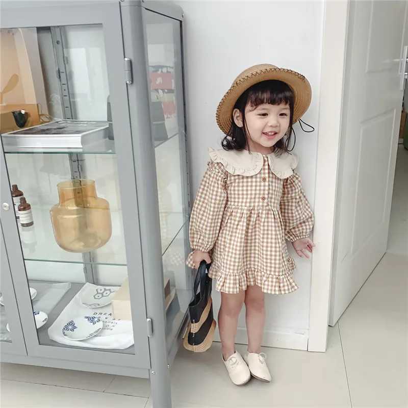 Spring Summer Girls Clothing Cute Children Dresses Kids Baby Girl Plaid Cotton Linen Lapel Collar Dress Long Sleeve SkirtXJ241206