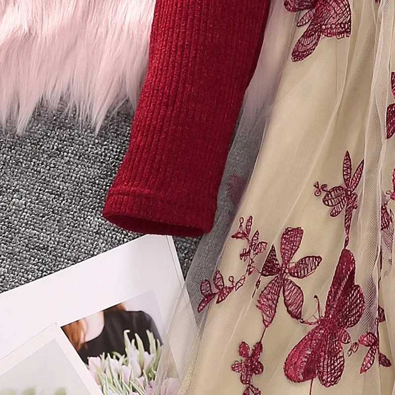 6-12 Years Spring Autumn Girls Dress Knitted Top Patchwork Big Flower Embroidered Lace Mesh Princess Dresses For ChildrenXJ241206