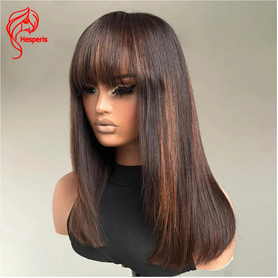 Hesperidis short bob wig with bangs Brazilian Remy #30 color high gloss brown scalp top fully machine made wig 241206