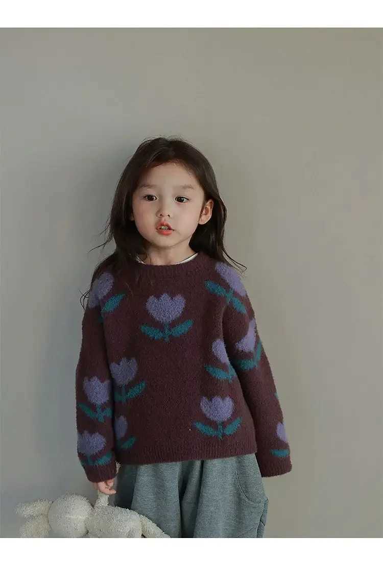 Cardigan Sweater Girl Tulip Flower Pullover Sweater New Korean Fashion Trend Childrens Clothing Round Neck Simple Q241205