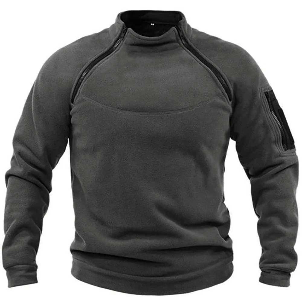 Mens Fleece Windproof Jacket Solid Color Tactical Outdoor Pullover Loose Casual Standing Collar Sweatshirt Thick Sportwear TopsXJ241206