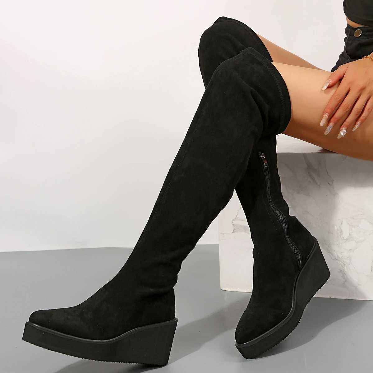 High Quality Thigh High Boots Wen Shoes Sexy Autumn Winter Black Wedge Heeled Over the Knee Boots Fetish Party Shoes Women Lg Boots T241206