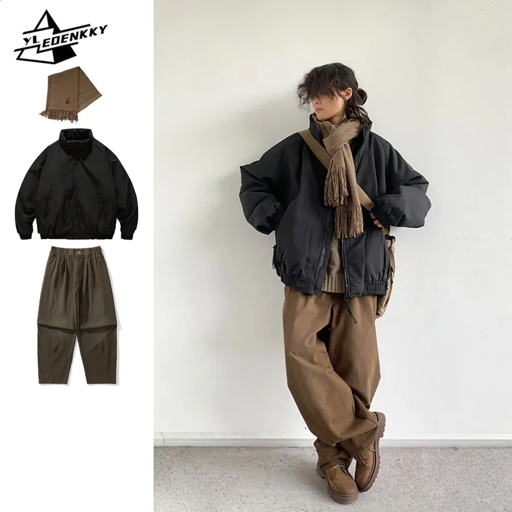 Winter Retro Set Men Women Thickened Warm Lightweight ParkLoose Straightleg Wideleg Casual Cargo Pants Japanese Unisex Suit 241205