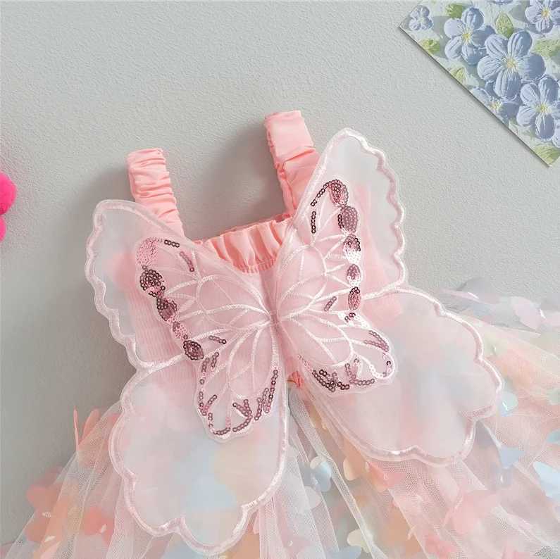 Summer Girls New Dress Sweet Sling Waist Wrapped Colorful Butterfly Mesh Back Big Wings Princess DressXJ241206