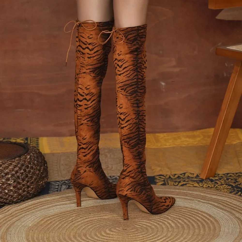 High Quality Wenfei boots autumn winter leopard print knee H Quty suede Lg Cfort Pointed sexy boots thick elastic boots T241206