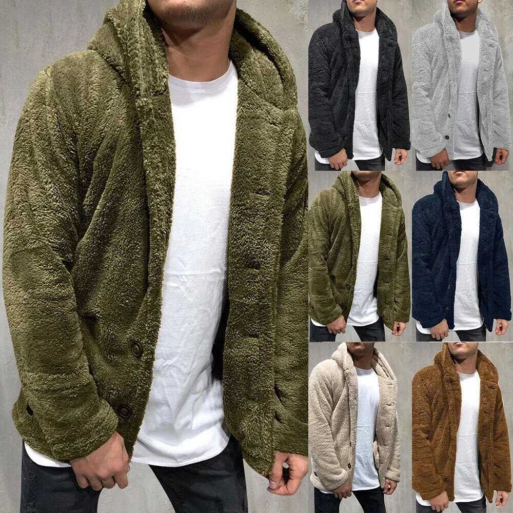Autumn Winter Mens Plush Hooded Coat Solid Color Long Sleeve Single-breasted Warm Cardigan Coat Fashion Trend Mens WearXJ241206