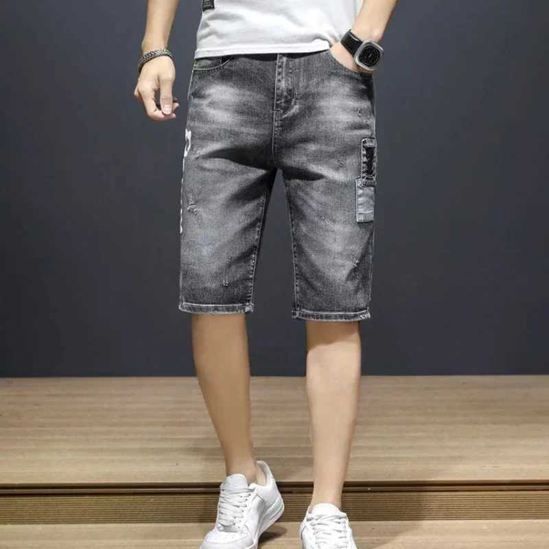 Short Jeans Pants for Men Half with Text Ripped Long Man Denim Shorts Bermuda Cowboy Jorts Xl Summer Korean Style Trend 2024XJ241206