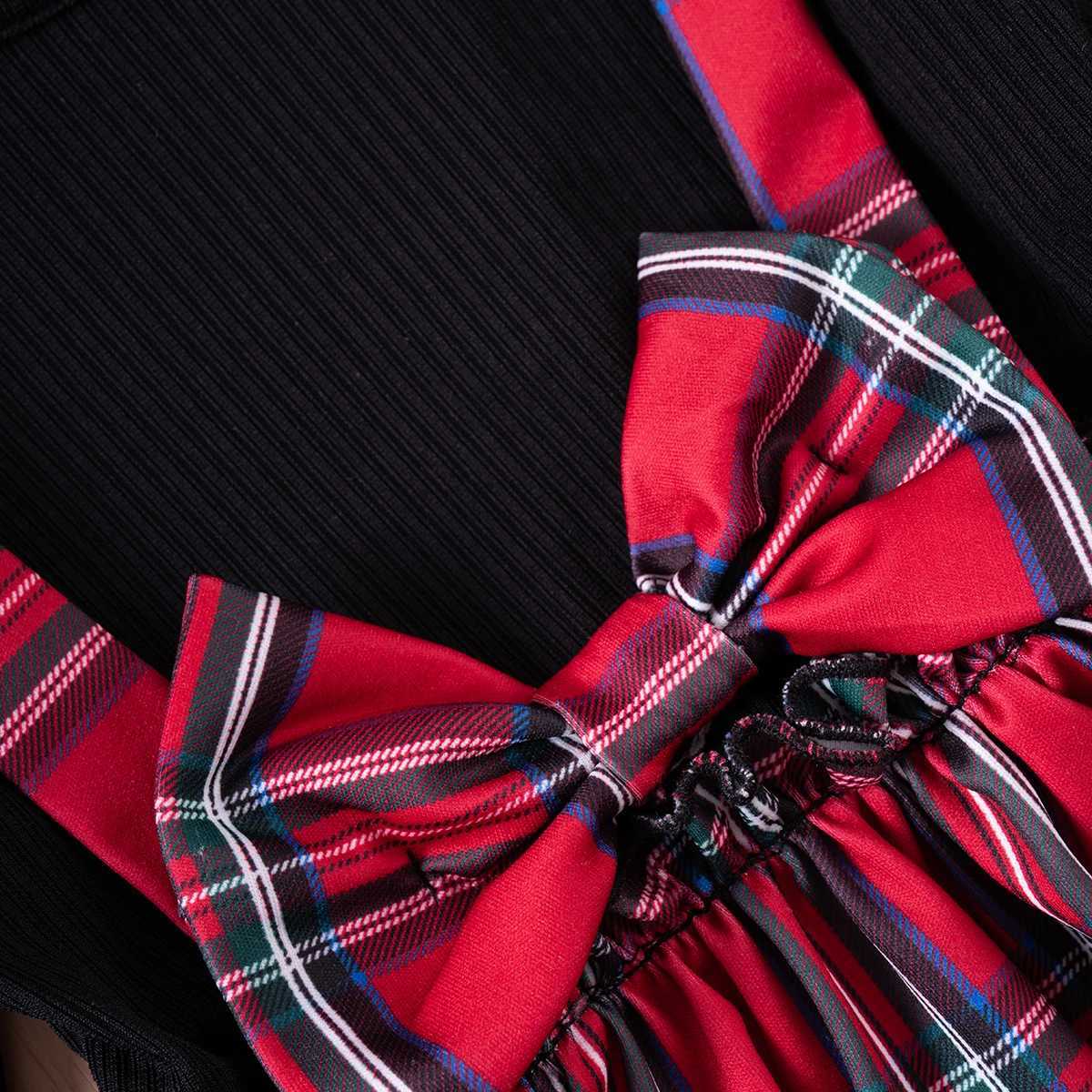 Baby Girl Plaid Christmas Dress Children Long Sleeve Dresses with Bow Suspender Red Green Dress for New Year 1-6 Years OldXJ241206