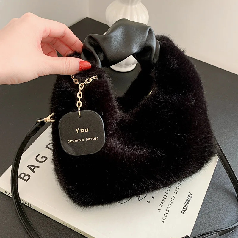Womens artificial fur soft plush handbag Ruched handle small shoulder cross body bag casual fluffy handbag wallet winter bag 241204