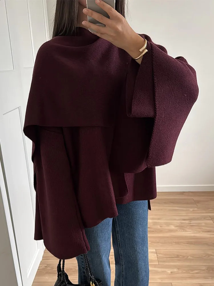 2024 Burgundy Red Elegant Scarf Collar Woolen Overcoat Women Fashion Long Sleeved Lace Up Oversized Jacket Female Chic Outerwear 241205
