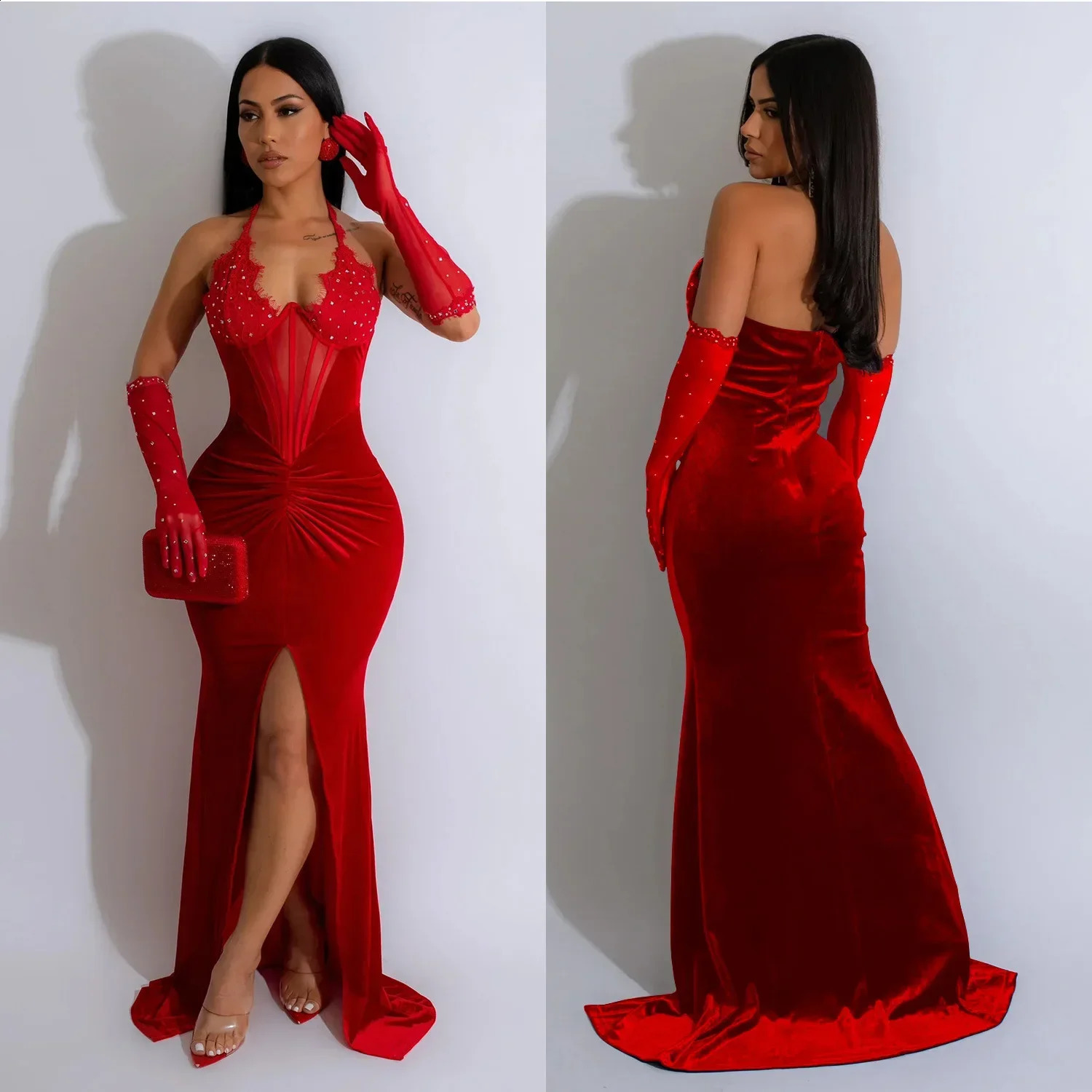 ANJAMANOR Crystal Mesh Velvet Splicing Long Dress Elegant Womens Winter Evening Dress Party Birthday Dinner Dress D42-HA55 241206