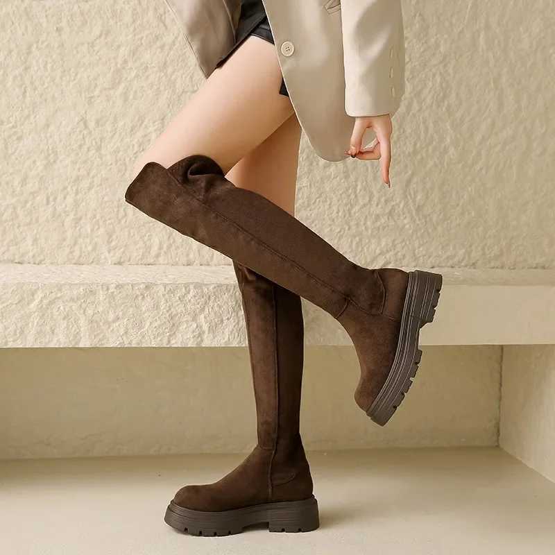 High Quality Trend Streh Over the Knee Boots Quty Ladies Shoes Winter New Warm Wens Boots Platform Bootes Suede Round Toe High H T241206