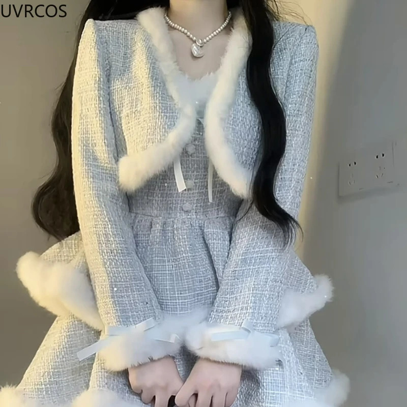 Elegant Korean style coarse woolen plain dress set for womens plush patch work short wool jacket sexy bow mini skiing Japanese fashion 241206