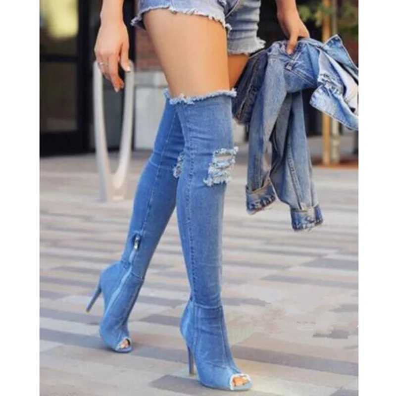 High Quality Botas Mujer New Denim High Heels Spring/Summer Thin Elastic Cool Boots Nightclub Fish Mouth Knee Boots Warm Boots T241206