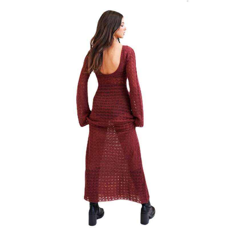 European and American beach vacation bikini outerwear skirt knitted hollow backless dress for women 2024 new casual fashion trend clothing