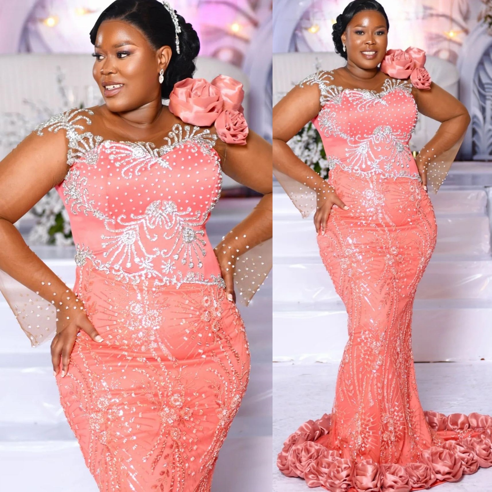 Water Melon Mermaid Prom Dresses 2025 Lace Beaded Flowers Evening Formal Party Second Birthday Engagement Gowns Plus Size Dress For Special Occasions