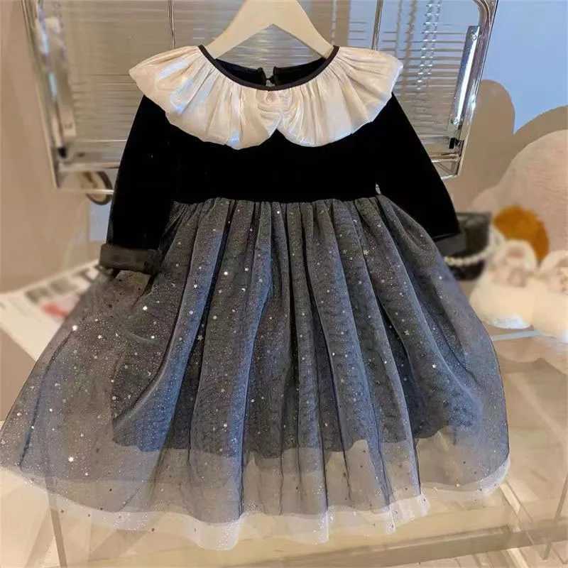 1-7T Spring Autumn Girl Long Sleeve Casual Dress Korean Sle Velvet Splicing Doll Collar Kids Princess Mesh Par DressesXJ241206