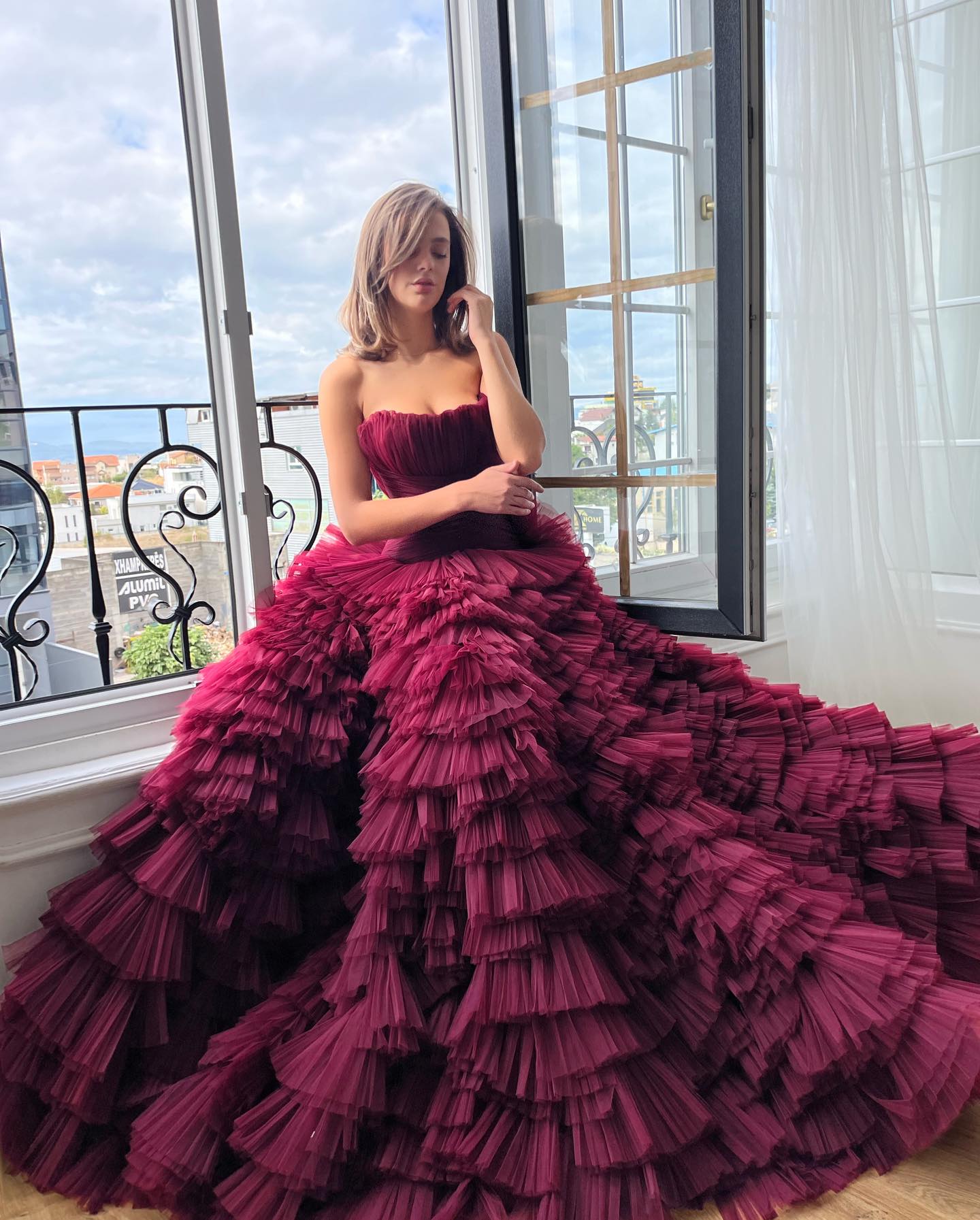 Red Dark Tiered Prom Dresses Pleated Evening Gowns A E Strapless Necke Tulle Special Ocn Formal Wear