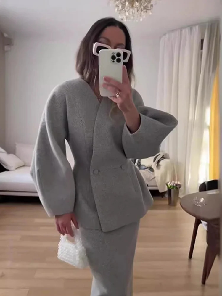 Elegant Puff Sleeve Slim Fit High Waist Women Coat Skirt Sets Fashion V Neck Solid Button Lady 2 Piece Set 2024 Chic Street Wear 241205