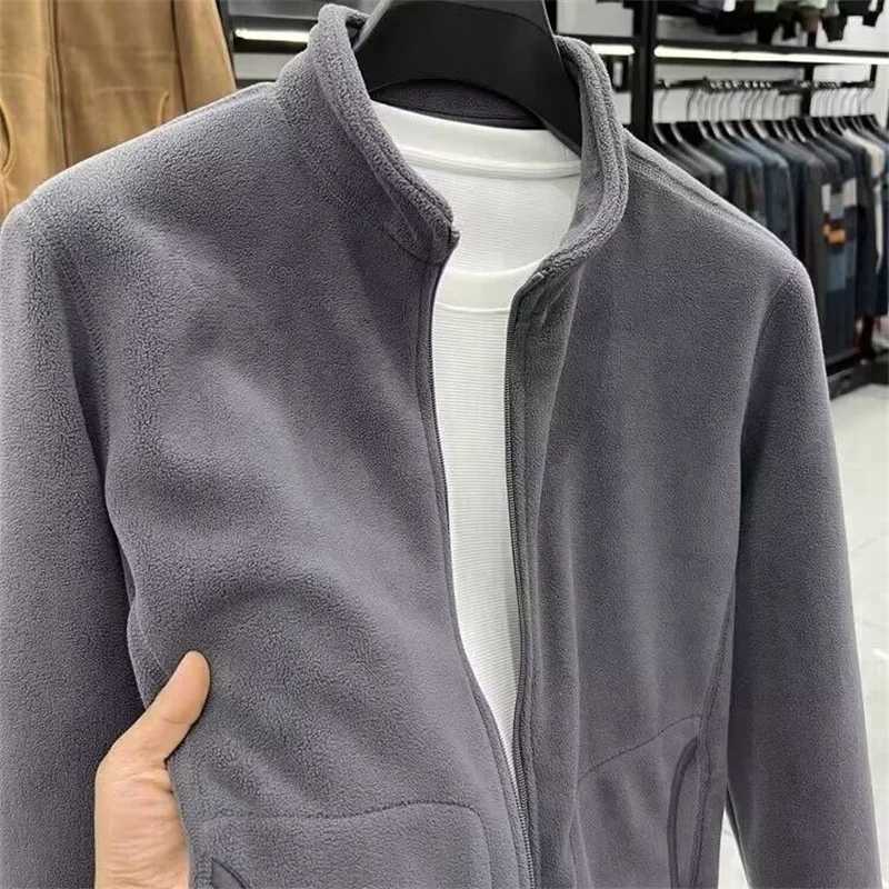 Autumn Polar Fleece Cardigan Sweatshirts Mens Stand Up Collar Zipper Jackets Y2K Vintage Solid Color Coats Basic TracksuitXJ241206