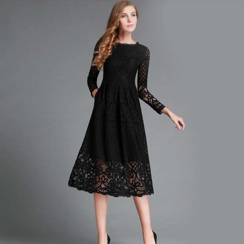 European and American autumn women's dress round neck hollow out simple lace long sleeved slim fit mid length skirt 2024 new style temperament ch