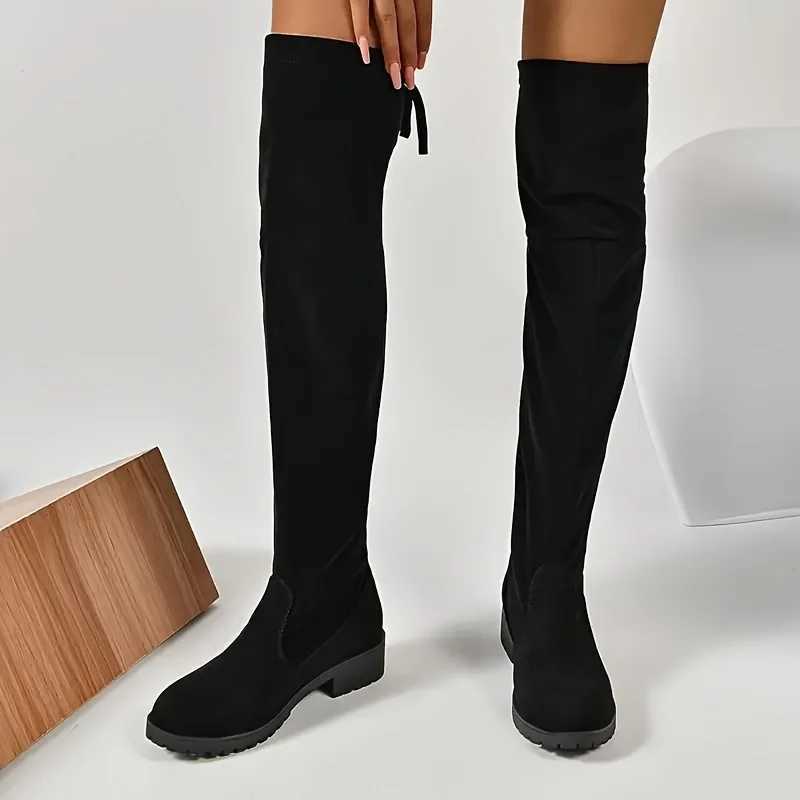 High Quality Artificial suede Fem autumn zipper elastic knee high boots used for lace high Gigh boots black Botas unprinted good products T241206