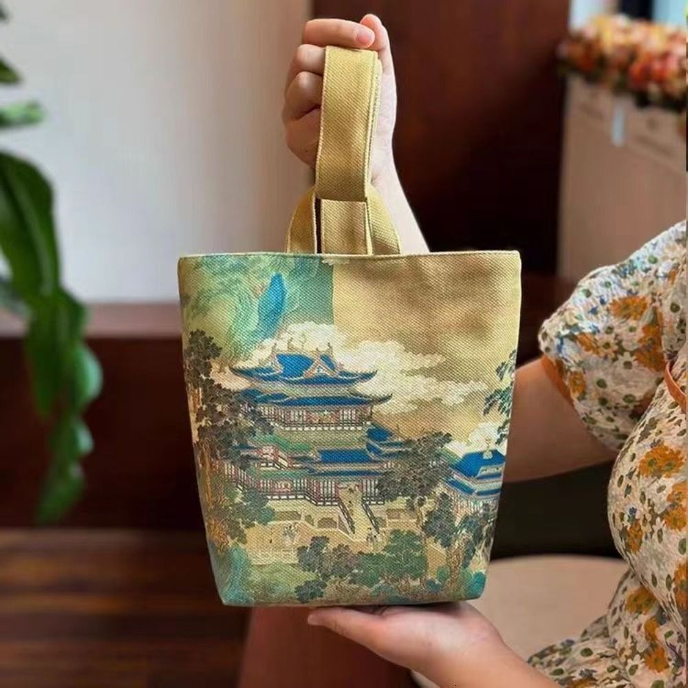 Retro Chinese Ancient Style Print Bucket Women Handbag Cyder Bag Canvas Tote Pouch Students Carry Lunch Bags For Girls