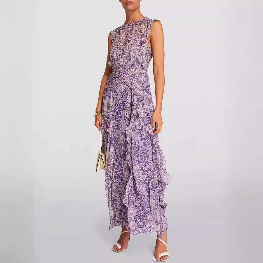 spring/summer off shoulder European American women's V-neck chiffon printed fairy long evening gown 2024 new style chic and elegant clothing