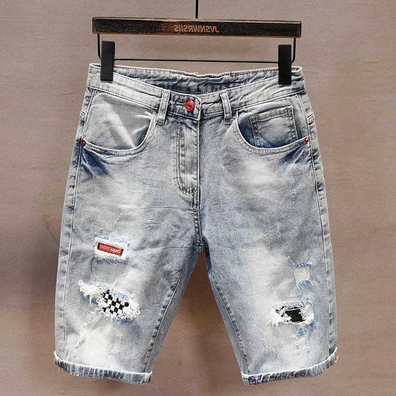 Man Denim Shorts Ripped Short Jeans Pants For Men With Pockets Blue Stretchable Wih Zipper Original Xl Summer Trend Unique RudeXJ241206
