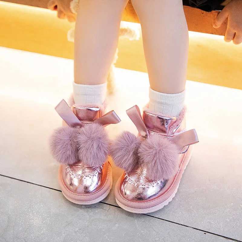 Fashion Girl Boots Princess Bow Winter Boot Anti Slip Fleece Child Shoes Versatile Comfort Snow Boots Daily Casual Cotton BootXJ241206